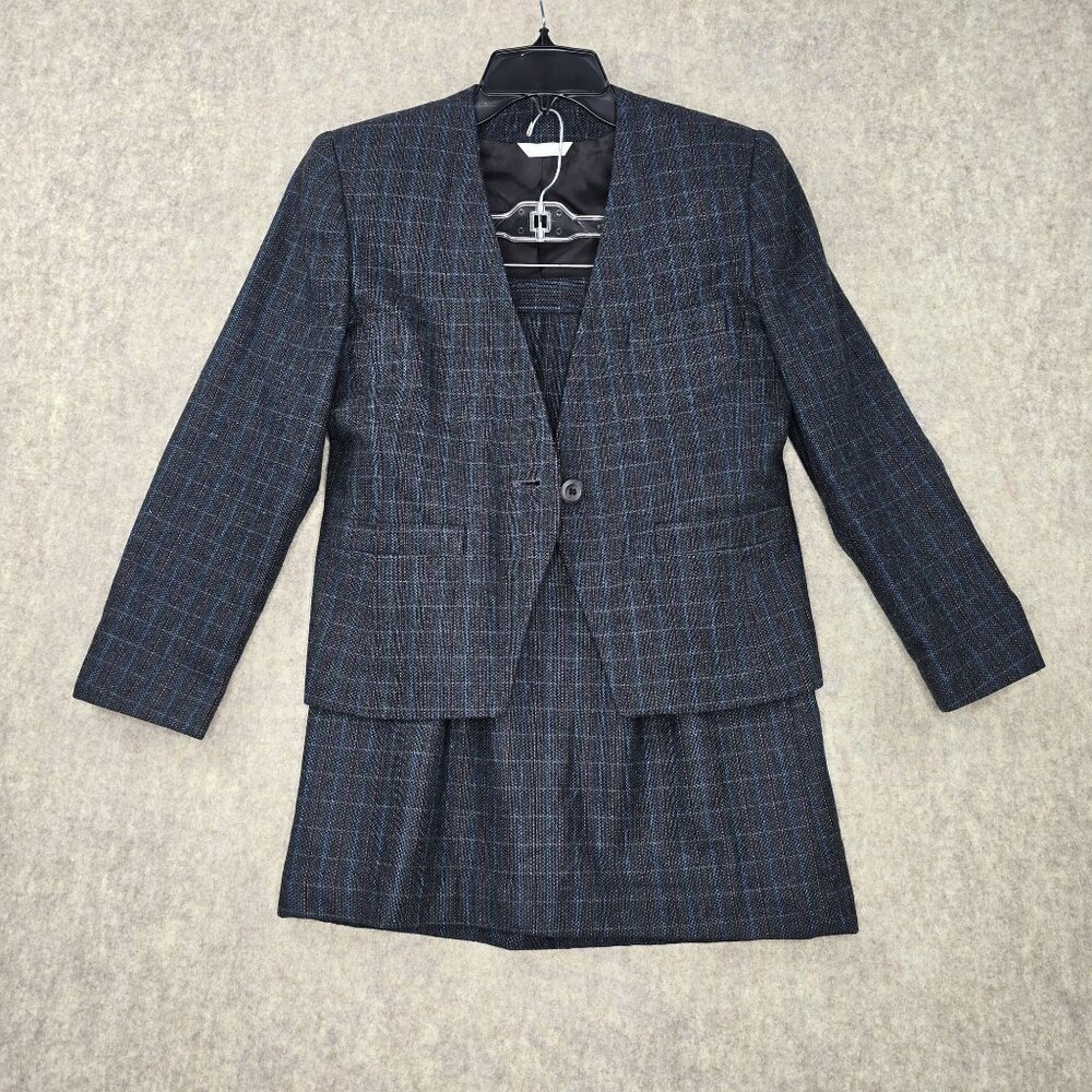 Mark Alexander Plaid Blazer Jacket & Skirt Set Gray Wool Blend Fully Lined